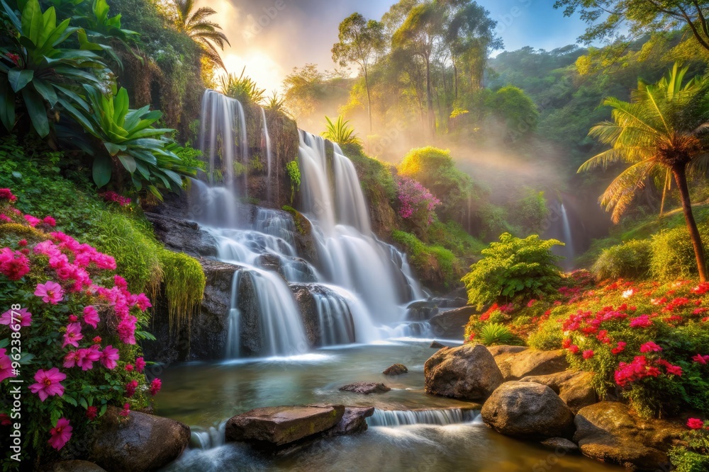 Fototapeta premium peaceful waterfall cascading down a rocky cliffside surrounded by vibrant tropical flowers and gentle morning mist with soft warm lighting
