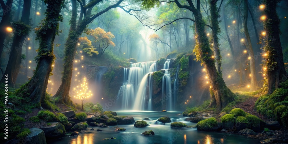 Fototapeta premium ethereal mist-shrouded waterfall in a mystical forest surrounded by ancient trees and twinkling fairy lights with a dreamy soft focus effect
