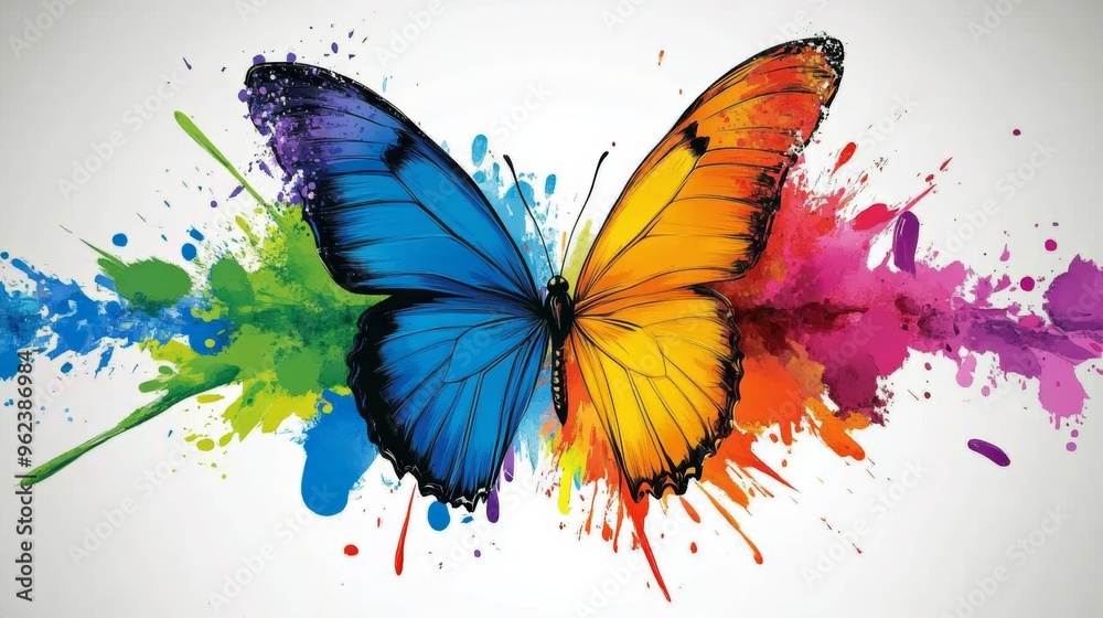 Naklejka premium Colorful butterfly with splashes of paint for creative projects