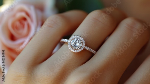 Close-up of a woman's hand wearing a diamond engagement ring with a halo setting, with a pink rose in the background.