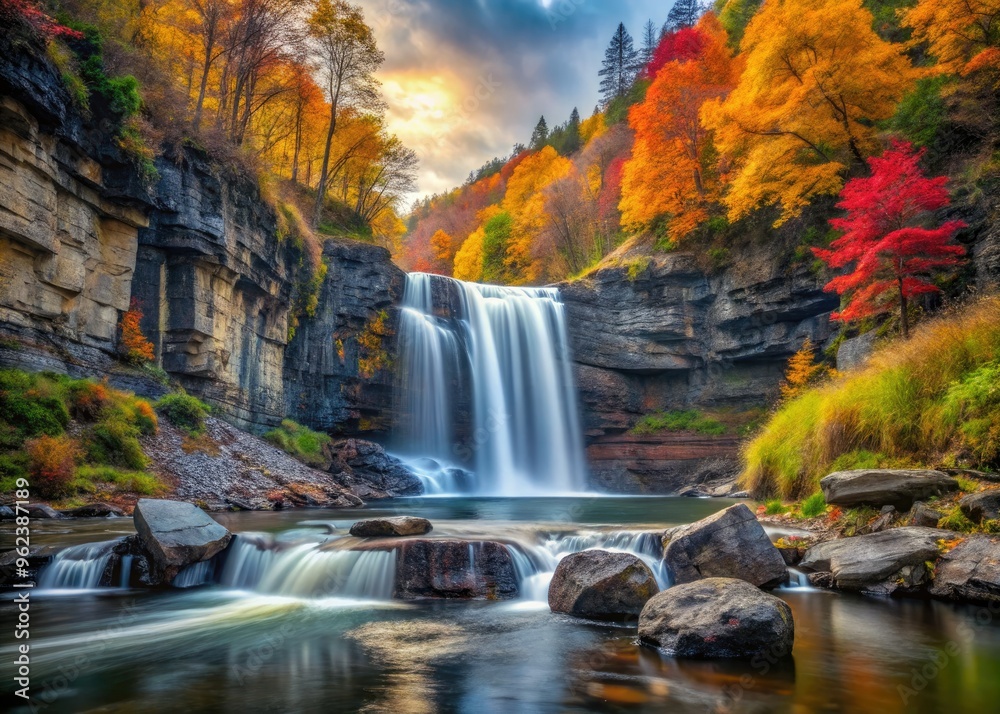 Obraz premium breathtaking waterfall plunging into a serene river surrounded by steep rocky cliffs and vibrant autumn foliage with a sense of movement