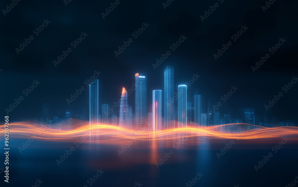 Fototapeta premium Modern urban skyline landscape with 3D effect 