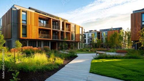 Modern apartment complex with wooden facade and green courtyard.