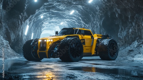 Autonomous mining vehicle, operating in a quarry, heavy machinery around, midday light