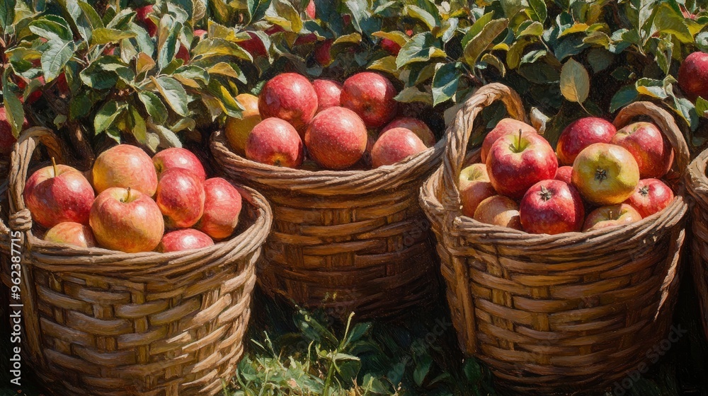 Baskets filled with apples, freshly picked, sitting in an orchard, soft afternoon light Baskets filled with apples, freshly picked, sitting in an orchard, soft afternoon light