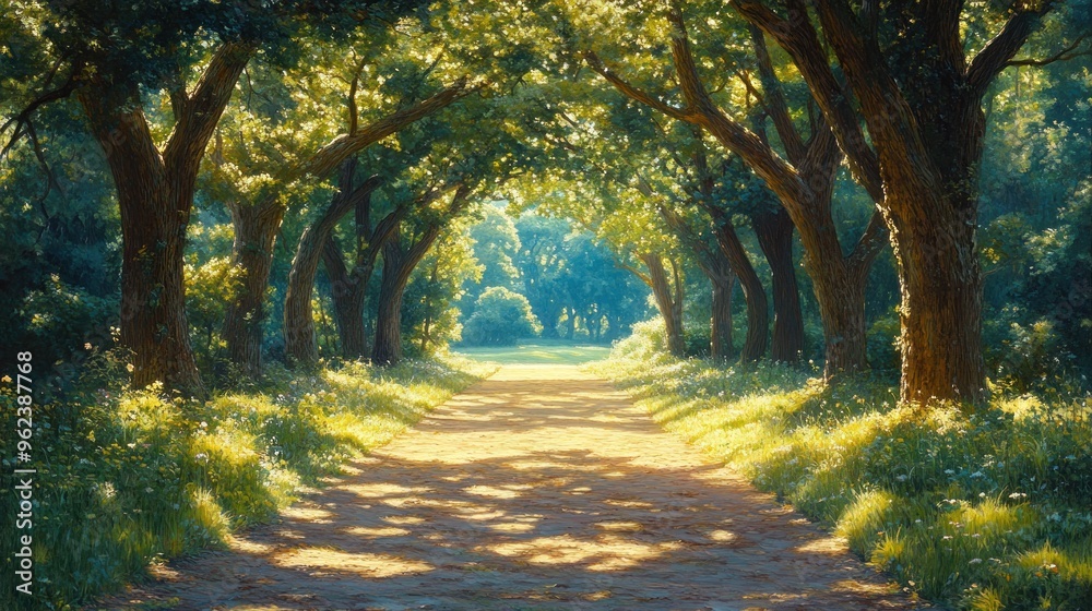 Sunlit Path Through a Lush, Green Forest Canopy Sunlit Path Through a Lush, Green Forest Canopy