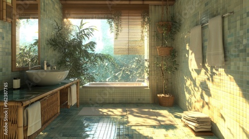 Bathroom with recycled glass sink, bamboo storage, hanging plants, natural daylight photo