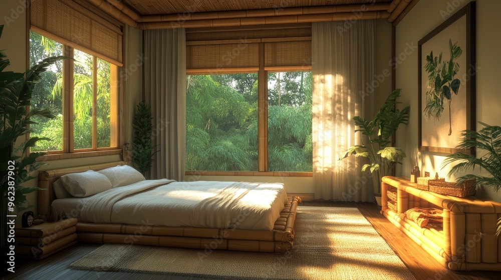Bedroom with bamboo bed frame, organic wool area rug, large windows, soft morning light Bedroom with bamboo bed frame, organic wool area rug, large windows, soft morning light