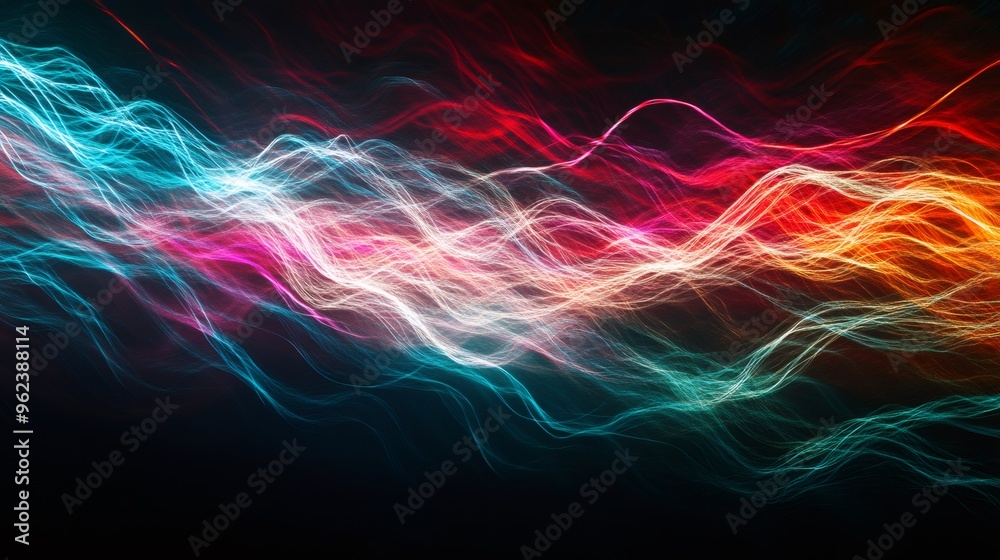 Fototapeta premium Abstract background with glowing lines in blue, red, and yellow colors.