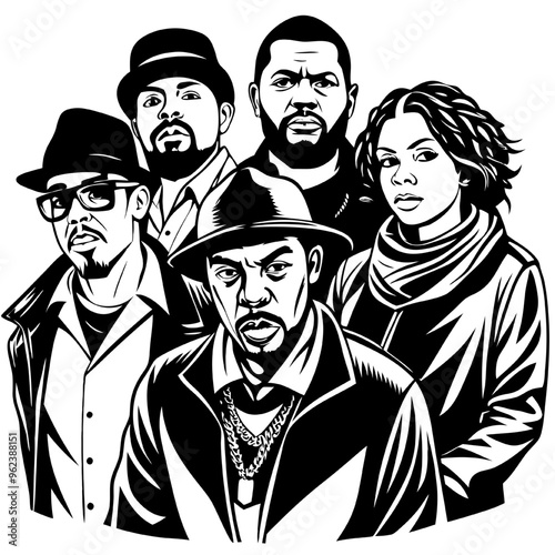 Hip Hop Icons: A bold and graphic black and white illustration of a group of iconic hip hop artists, radiating an air of cool confidence and individuality. perfect for music lovers, streetwear brands,