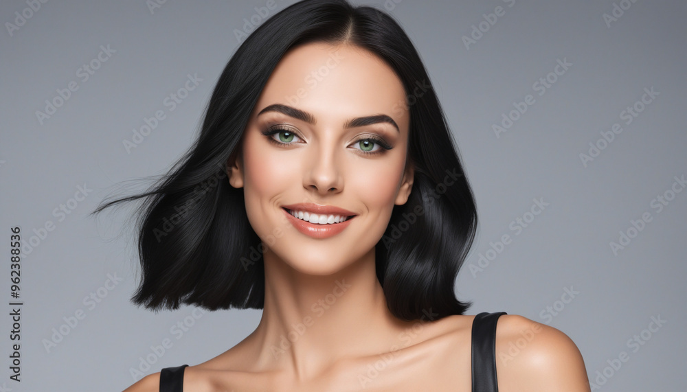 Portrait of a Smiling Young Woman with Sleek Black Shoulder-Length Hair and Striking Green Eyes, Highlighting Natural Makeup and Radiant Skin in a Studio Setting. Portrait of a Smiling Young Woman with Sleek Black Shoulder-Length Hair and Striking Green Eyes, Highlighting Natural Makeup and Radiant Skin in a Studio Setting.