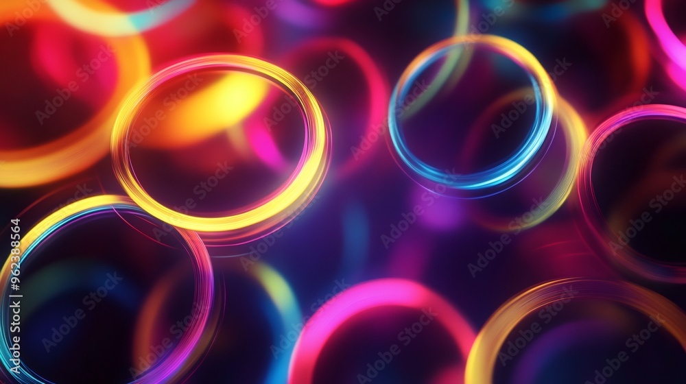 Abstract background with glowing neon circles in pink, yellow, and blue colors on a dark background. Abstract background with glowing neon circles in pink, yellow, and blue colors on a dark background.