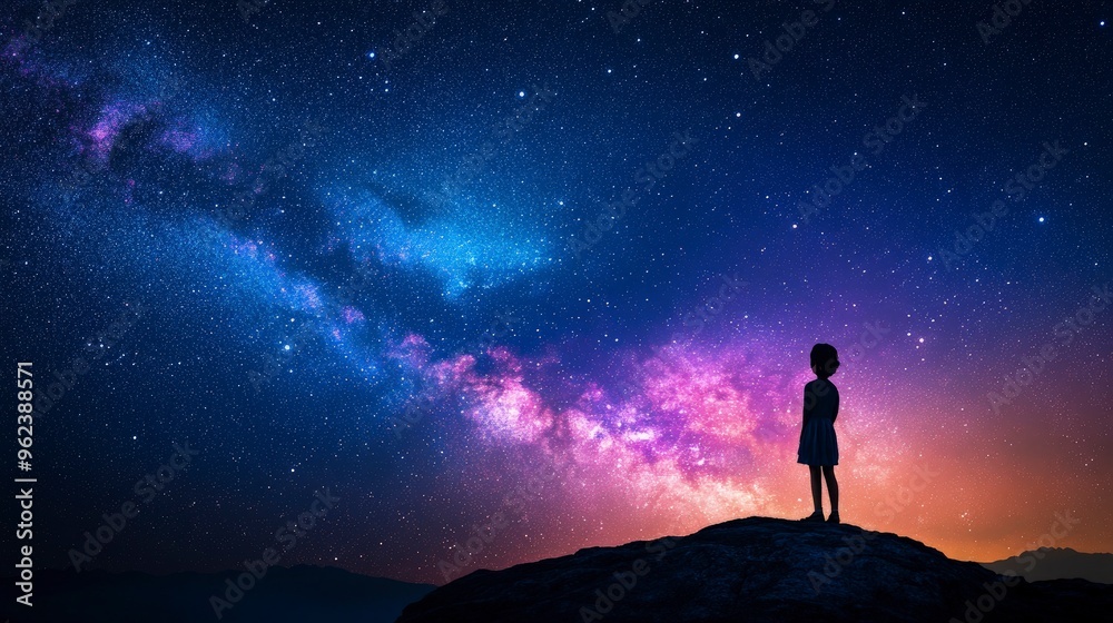 Child with a look of wonder, staring at the stars, night sky background Child with a look of wonder, staring at the stars, night sky background