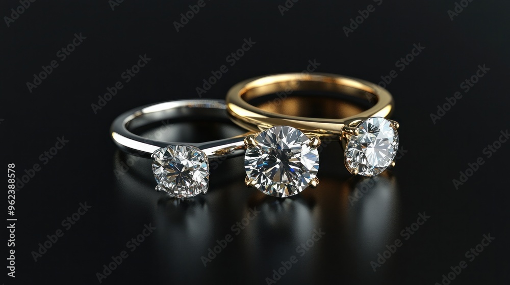 Three-dimensional representation of gold and platinum diamond rings floating on a black background. The notion of a studio for a jewelry store Three-dimensional representation of gold and platinum diamond rings floating on a black background. The notion of a studio for a jewelry store