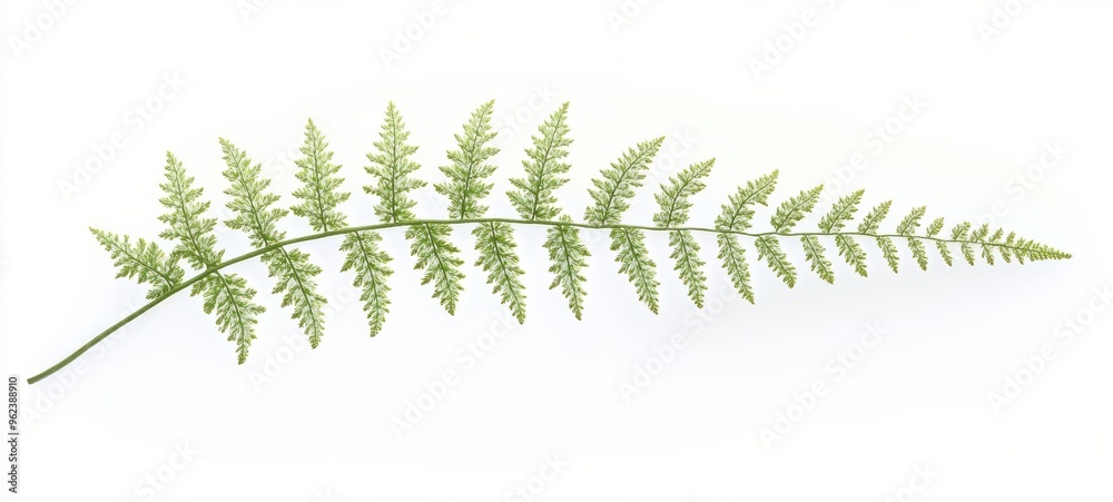 Fern frond, unfurling with intricate, lacy leaves, each leaflet perfectly detailed against the white background Fern frond, unfurling with intricate, lacy leaves, each leaflet perfectly detailed against the white background