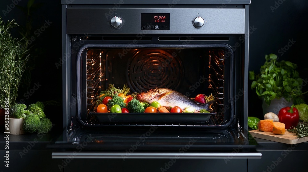 An isolated electric oven against a dark background. a dark backdrop featuring veggies and fish An isolated electric oven against a dark background. a dark backdrop featuring veggies and fish