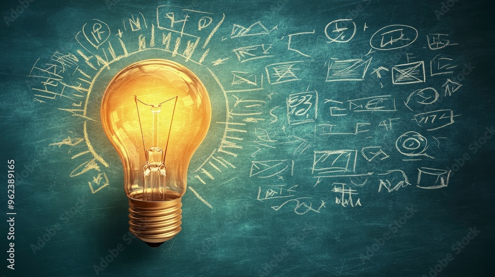 Creative office space with a chalkboard wall, covered with ideas and sketches, bright overhead light Creative office space with a chalkboard wall, covered with ideas and sketches, bright overhead light