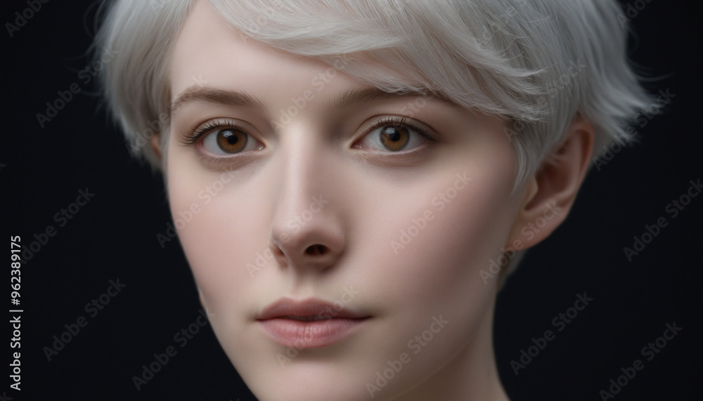 Close-up Portrait of a Young Woman with Short Platinum Blonde Hair and Warm Brown Eyes on a Dark Background, Highlighting Her Soft Skin and Natural Beauty.