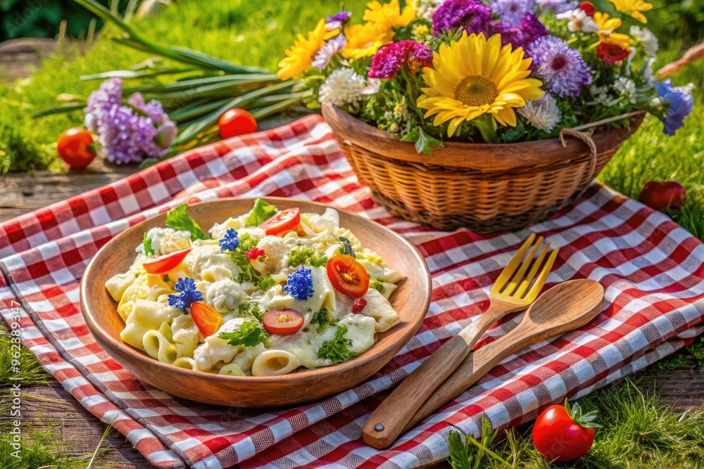 outdoor picnic blanket chicken alfredo pasta salad fresh vegetables edible flowers nature inspired rustic wooden fork carefree summer afternoon