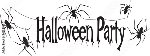 Halloween Party Banner Happy Halloween vector text banner on a transparent background. Featuring black bats, witch and cobwebs suitable for placing over Halloween cards, social media and poster design