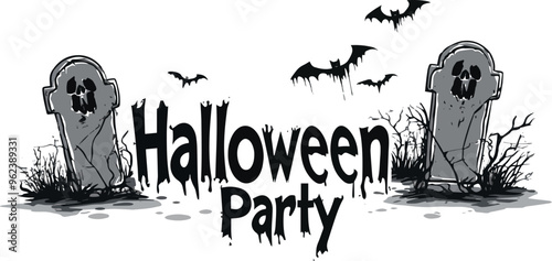 Halloween Party Banner Happy Halloween vector text banner on a transparent background. Featuring black bats, witch and cobwebs suitable for placing over Halloween cards, social media and poster design