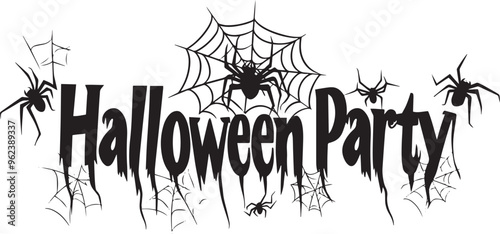 Halloween Party Banner Happy Halloween vector text banner on a transparent background. Featuring black bats, witch and cobwebs suitable for placing over Halloween cards, social media and poster design