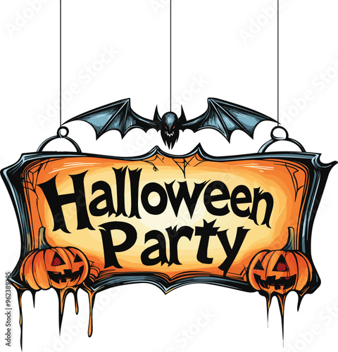 Halloween Party Banner Happy Halloween vector text banner on a transparent background. Featuring black bats, witch and cobwebs suitable for placing over Halloween cards, social media and poster design
