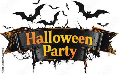 Halloween Party Banner Happy Halloween vector text banner on a transparent background. Featuring black bats, witch and cobwebs suitable for placing over Halloween cards, social media and poster design