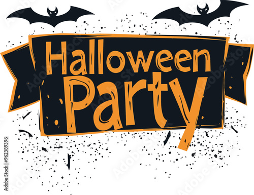 Halloween Party Banner Happy Halloween vector text banner on a transparent background. Featuring black bats, witch and cobwebs suitable for placing over Halloween cards, social media and poster design