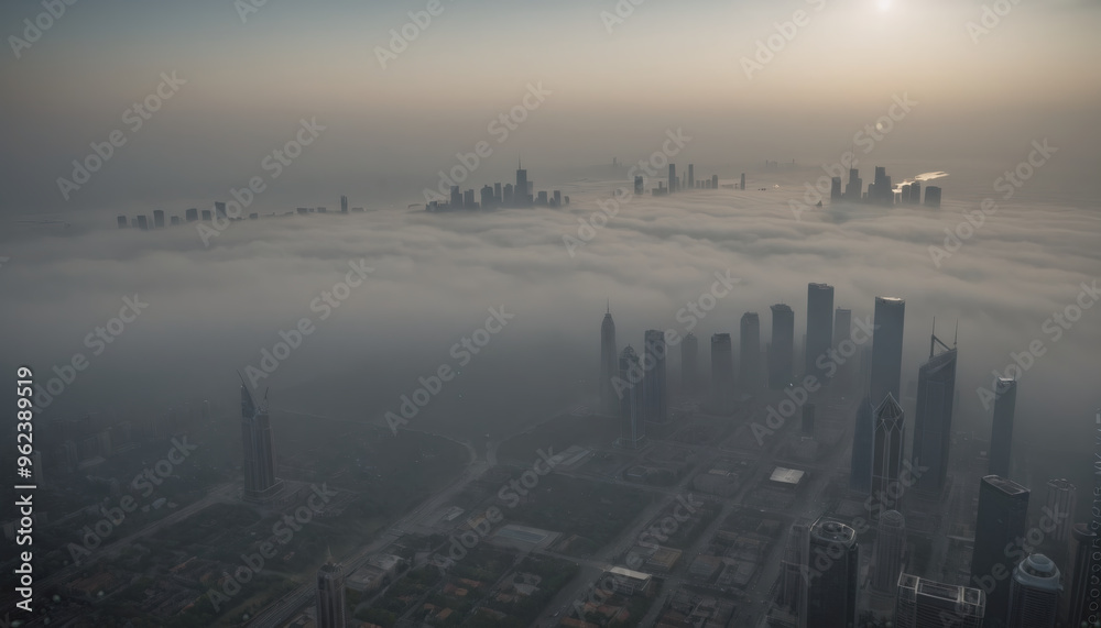Obraz premium View from far above of a city shrouded in haze due to industrial air pollution, fine dust and exhaust pollution in urban centers