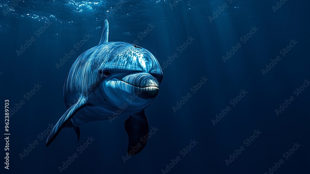 Fototapeta premium Dolphinâ€™s face, smooth skin, smiling expression, underwater lighting