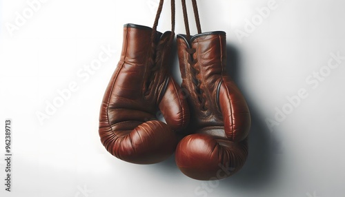 Old boxing gloves hanging on a white background photo