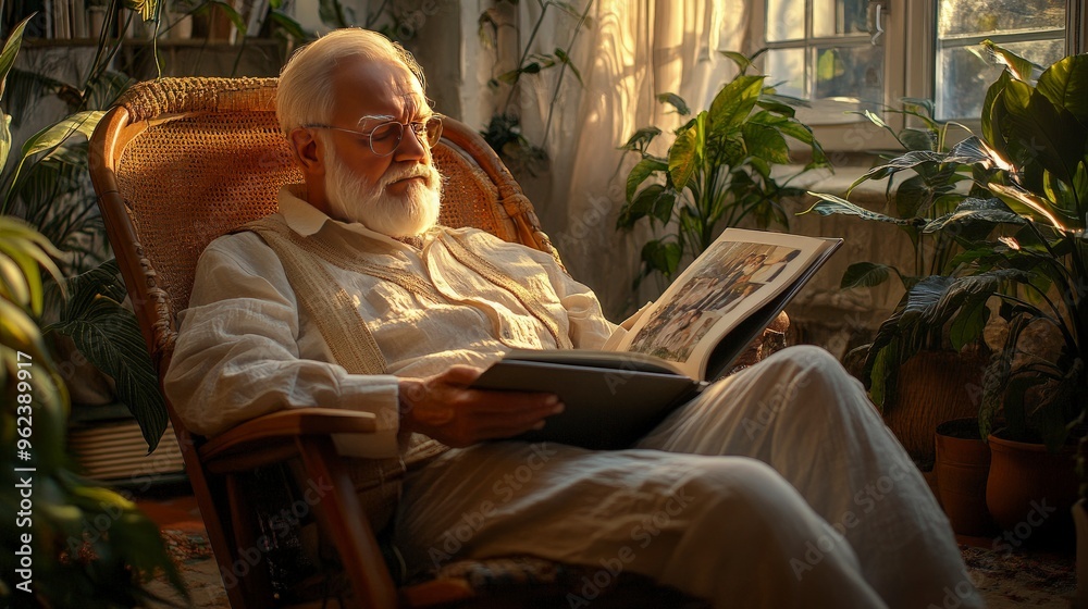 Obraz premium Elderly man feeling reflective, sitting in a rocking chair, holding a photo album, soft morning light