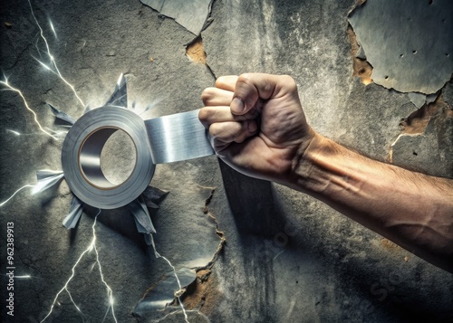 Close-up of duct tape being ripped off skin on a gritty, concrete background, intense lighting, and a dramatic, high-tension atmosphere. photo