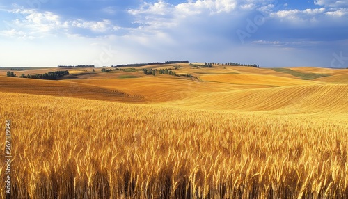 Golden Wheat Field in Rolling Hills Under a Blue Sky with Clouds