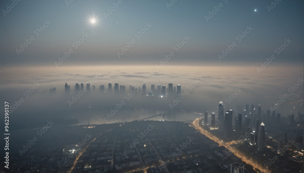 View from far above of a city shrouded in haze due to industrial air pollution, fine dust and exhaust pollution in urban centers