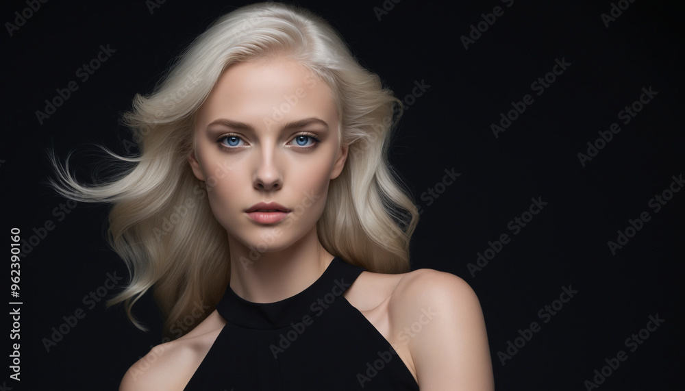 Girl with Elegant Wavy Hairstyle in Black Sleeveless Top, Dark Setting Girl with Elegant Wavy Hairstyle in Black Sleeveless Top, Dark Setting