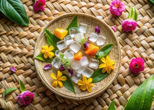 Overhead shot of limau ice mix, artistically arranged with edible flowers, woven bamboo placemat, bohemian tropical getaway, soft warm lighting, exotic escapism.
