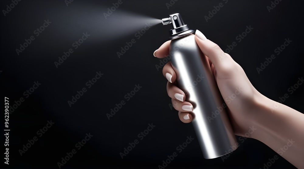 Naklejka premium Hand using a spray, isolated on black background 