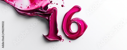 Liquid magenta paint forming 16 isolated on white background with soft shadows.