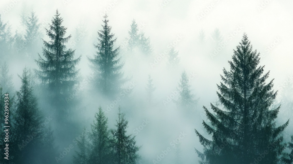 Pine Mist Whisper, a serene landscape where ethereal mist intertwines with towering pine trees, creating an enchanting atmosphere of tranquility and nature's secrets.