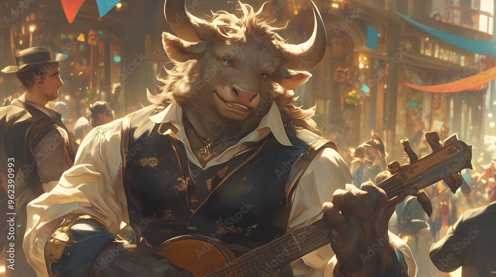 Φωτογραφία bovine beastfolk musician strumming a guitar at a vibrant street festival surrou