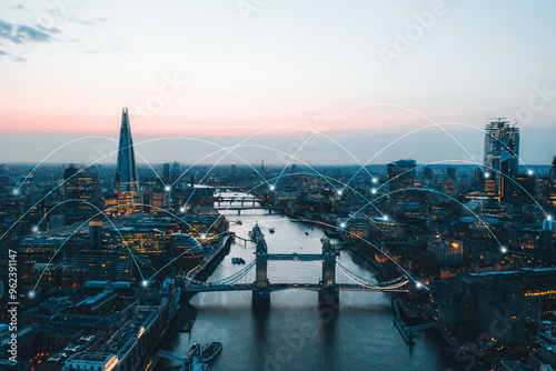 Fototapeta Naklejka Na Ścianę i Meble -  London City Scenery big data network connections