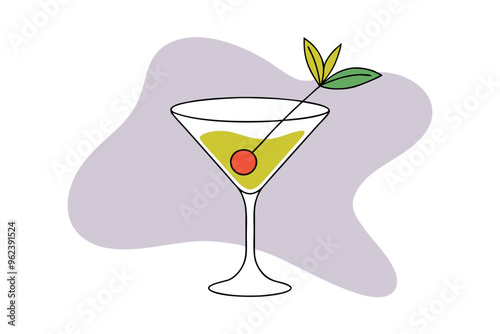 Colorful Martini Glass with Olive Garnish Line Drawing on Minimalist Background – Vector Illustration