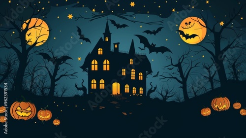 castle of terror with bats, dry trees and full moon. october concept photo