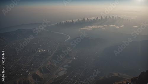 View from far above of a city shrouded in haze due to industrial air pollution, fine dust and exhaust pollution in urban centers