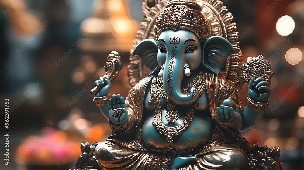 Lord Ganesha Statue, Hindu Deity, Blue and Gold Lord Ganesha Statue, Hindu Deity, Blue and Gold