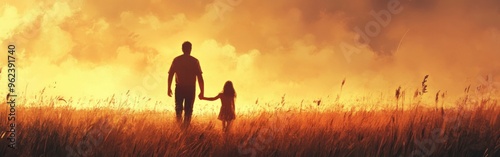 Silhouette of Parent and Child Walking in Watercolor