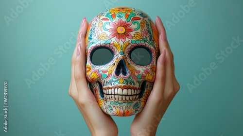 Painted skull mask, held up to the face, vibrant colors, soft ambient light photo