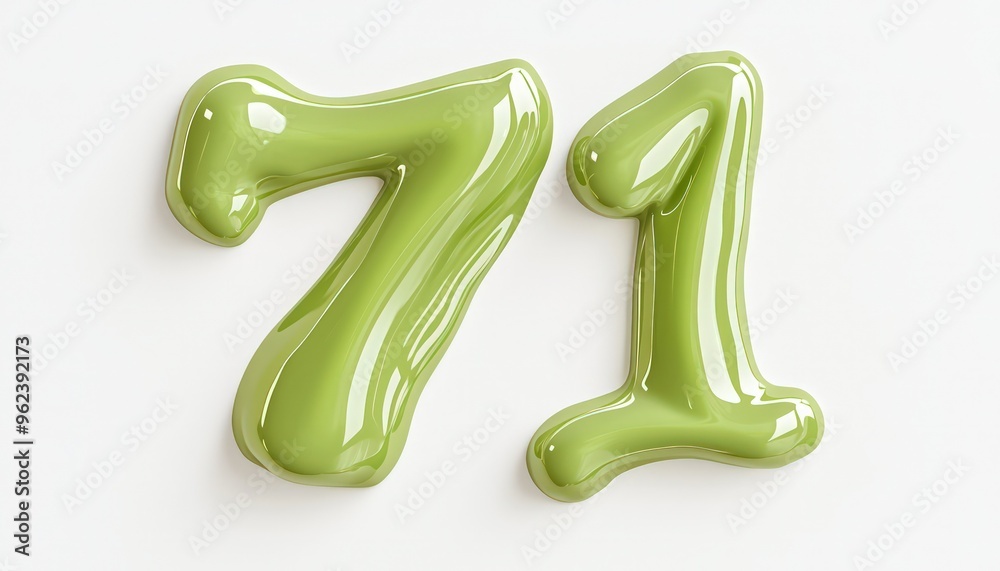 Sage green liquid paint in the shape of 71 isolated on white with minimal shadows. Sage green liquid paint in the shape of 71 isolated on white with minimal shadows.